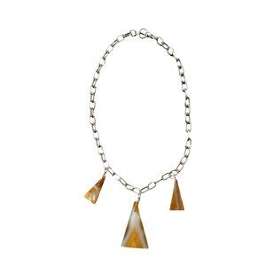 Triple Banded Agate Triangle Slice Pendants Stainless Steel Chain Necklace